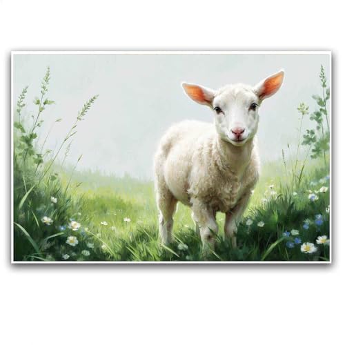 Lamb Canvas Wall Art Soft Pastel Meadow Painting Serene Christian