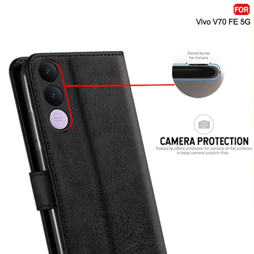 Image of TheGiftKart Genuine Leather Finish Flip Back Cover Case for Vivo V70 FE 5G | Inbuilt Pockets & Stand | Wallet Style | Designer Button Magnet Flip Back Cover Case (Faux Leather, Black)
