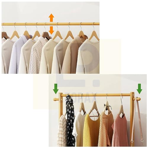Image of LEOPAX Single Rail Bamboo Rolling Coat Rack with 2 Side Hook Garment Rack with Shoe Storage Shelves - Do It Yourself - Natural Color - Size - (70 x 38 x 145cm) - Bamboo Cloth Rack