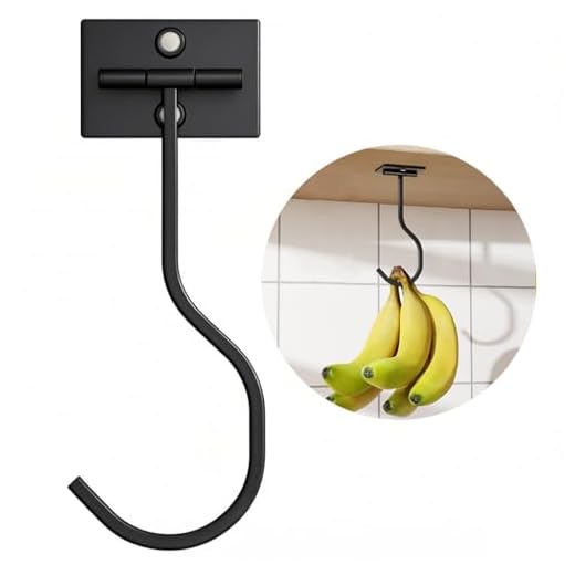 bussdis Under Cabinet Banana Hook Foldable - Adhesive Bananas Hanger, Heavy Duty Stainless Banana Holder (13lb), Magnetic Fold-Up When Not in Use, Premium Material, Black