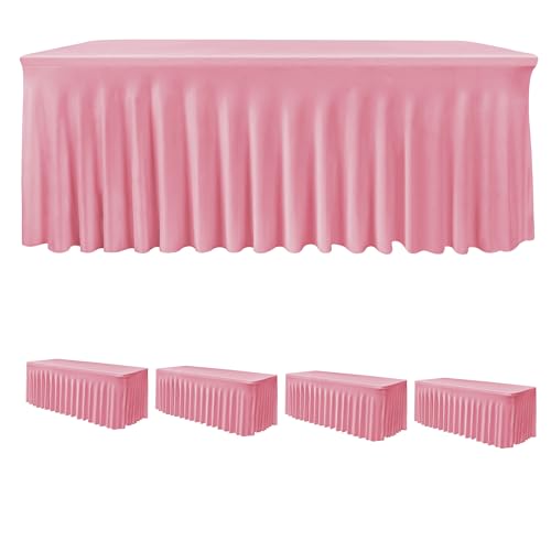 Image of HolidayIdeas Spandex Table Skirts for Rectangle Tables 4 Ft, Fitted Stretch Table Cover 24x48 Inch, Wrinkle-Free Ruffle Design Tablecloths for Banquets,Trade Shows, Parties, Events, 4 Pack, Pink
