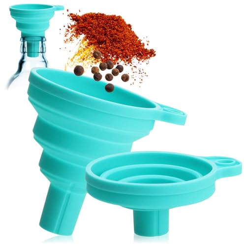 COM-FOUR® Embudo plegable 2x - ayuda para verter y transferir - embudo de silicona plegable - cuello de llenado para cocina y hogar - desviador de silicona suave (2 piezas - plegable/azul)