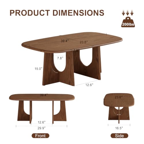 Image of Solid Wood Coffee Table, Mid-Century Modern Center Table for Living Room, FAS Grade Rubberwood with Unique U-Shaped Legs, Family-Friendly Rounded Corners, 39.4 Inch, Walnut