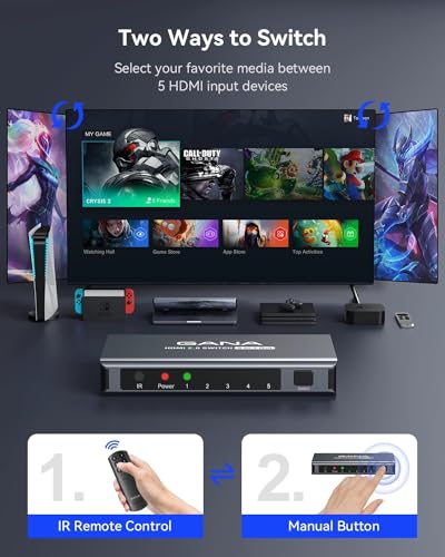 Image of HDMI Switch 5 in 1 Out 4K@60Hz, GANA HDMI Splitter Switcher with Remote, Aluminum HDMI 2.0 Switch Box Hub for 3D, HDCP2.2, HDR, Compatible with Xbox, PS5 /4 /3,Fire Stick,Roku,Blu-Ray Player, Grey