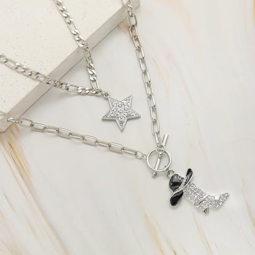 RechicGu 2 Pcs Sparkly Rhinestone Star Choker Western Cowgirl Boot Pendant Stackable Necklace Set for Women Chunky Chain, Cowboy Enamel Hat Boot Star Necklace Western Stackable Jewelry for Women3