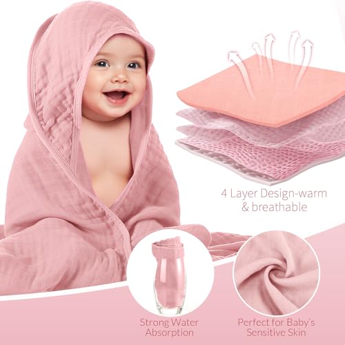 Image of Preboun 4 Pcs Muslin Hooded Baby Towels,32 inchx 32 inch Cotton Newborn Bath Towel Muslin Infant Baby Blankets Absorbent Unisex Newborn Registry Gift for Girls Boys(Pink Series)