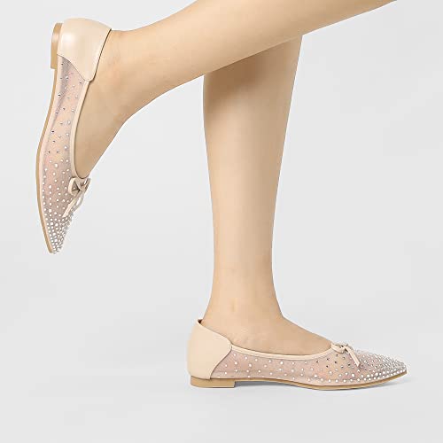 Allegra K Women's Pointed Toe Bow Rhinestone Mesh Beige Ballerina Flats 8.5 M Us #TOP1