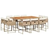 YUOGHRTFE 11 Piece Patio Dining Set with Cushions, Beige Poly Rattan Outdoor Furniture with Acacia Wood Table and Foldable Chairs