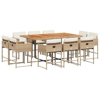YUOGHRTFE 11 Piece Patio Dining Set with Cushions, Beige Poly Rattan Outdoor Furniture with Acacia Wood Table and Foldable Chairs