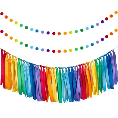 ANSOMO Rainbow Ribbon Felt Ball Garland Fabric Pom Pom Banner Birthday Bridal Baby Shower Pride Colorful Wall Hanging Party Decorations