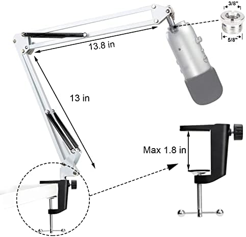 YOUSHARES White Mic Stand with Pop Filter - Mic Suspension Boom Arm Stand with Foam Cover Windscreen for White Blue Yeti and Yeti Pro Microphone