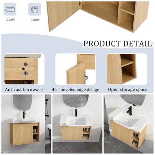 Image of 28 inch Bathroom Vanity with Ceramic Sink, Modern Wall-Mounted Bathroom Vanity with Soft-Close Door & 2 Open Storage Shelves, Farmhouse, Undermount Storage Cabinet, Easy to Clean, Light Oak