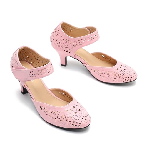 Image of Women's Comfortable Mary Jane Pumps Vintage Cutout Closed Toe Kitten Heels for Dressy Office Work
