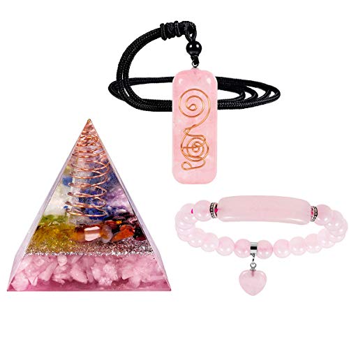 mookaitedecor Rose Quartz Crystal Healing Set of 3, Energy Orgone Pyramid & Stone Pendant & Bracelet Kits for Chakra Reiki Meditation Balancing