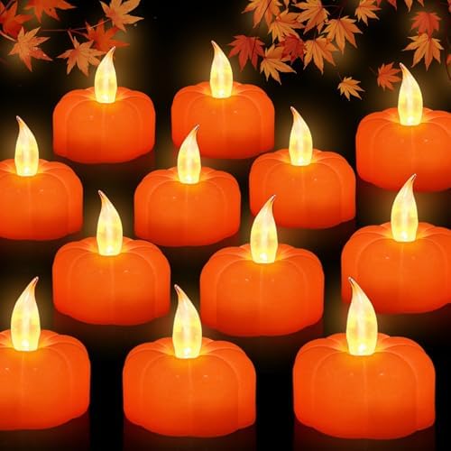 12 Pack Fall Decorations for Home Pumpkin Tea Lights Candle Battery Powered