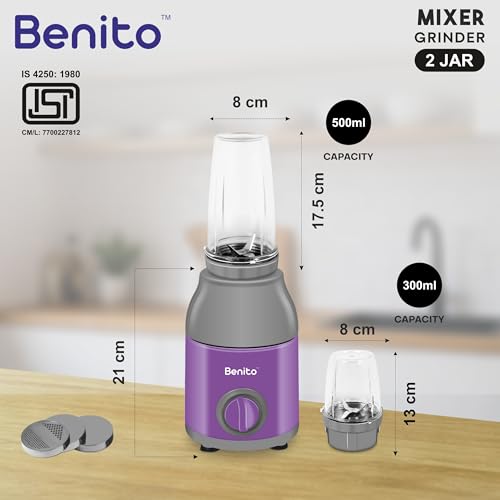 Image of Benito PRESSIO Nutri Mixer Grinder 550 watt with 2 Jars | Durable Shockproof ABS Body | Powerful Motor with Advanced Grinding Technology | Elegant Purple & Grey Finish come with 1-Year Warranty