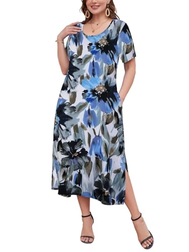 LARACE Maxikleid in Übergröße für Damen, Sommer, kurzärmelig, T-Shirt-Kleid mit Taschen, lockere Passform, lässiges Sommerkleid mit Schlitz, Blau 35 Tintenmalerei, 3X