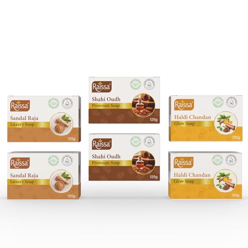 Image of Raissa Bath Soap 125g, (Pack of 6) Haldi Chandan, Shahi Oudh and Sandal Raja | Alcohol-Free Fragrance | No Harsh Chemicals - Sandal, Turmeric and Frankinsense Fragrance Soaps