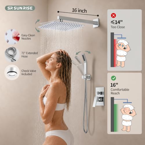 Image of SR SUN RISE Shower Faucet Set 12-Inch Rainfall Shower Head Polished Chrome