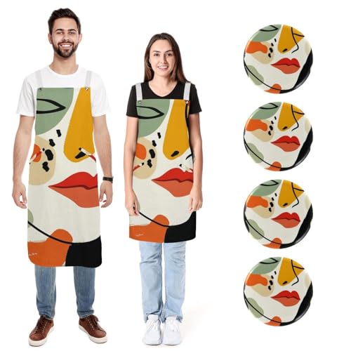 Tablier de cuisine pour homme et femme en lin réglable avec poches et motif art abstrait