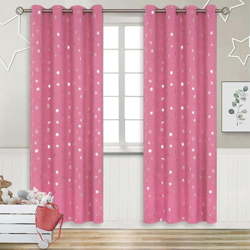 Image of BGment Blackout Curtains for Nursery, Room Darkening Thermal Insulated Window Curtains for Kids Room, Noise Cancelling Heat Insulation Star and Moon Curtains for Bedroom, 2 Panels, Pink, 52 x 72 Inch