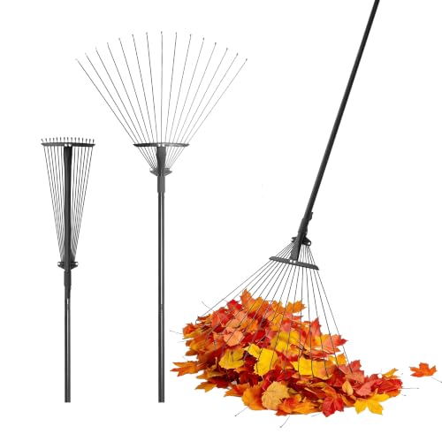 BARGAIN FACTORY Telescopic Garden Rake 170cm Adjustable Lawn Rake with 15 Tines Black for Leaves and Yard Clean Up