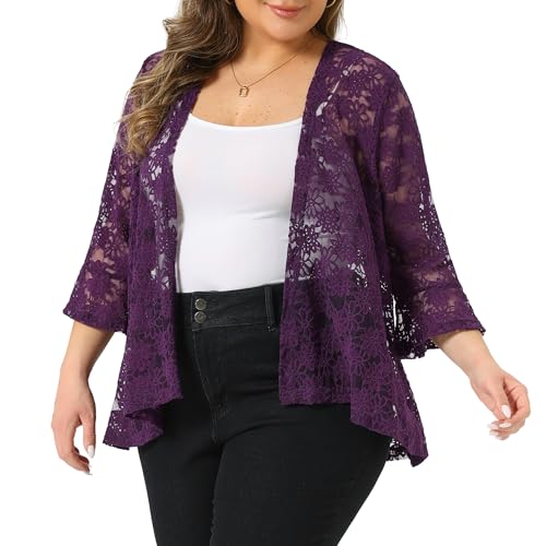 Image of Agnes Orinda Women Plus Size Open Front Lace Cardigans | 3 /4 Bell Sleeve Sheer Formal Bolero Shrugs Lightweight Floral Crochet Cover Up