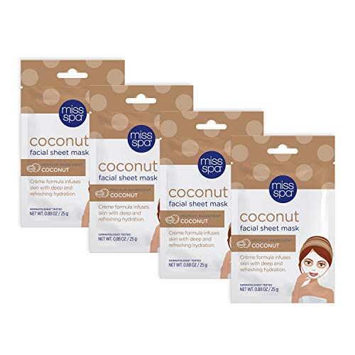 Miss Spa Coconut Facial Sheet Mask Set for Dry Skin, Moisturizing and Hydrating, Anti-Aging, Anti-Wrinkle, Skin Care for Women, 4-Pack