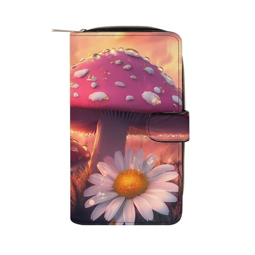 Peach Mushroom Twilight Women's Long Wallets Leather Card Holder Purse Zippered Buckle Clutch Handbag