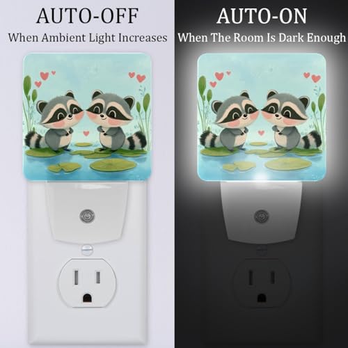 Image of NEWzone Raccoons Night Light Set of 2, Auto Sensor LED Dusk-to-Dawn Nightlights, Plug-in Sensor Lamp for Bedroom Bathroom Kitchen Hallway Stairs Decorative