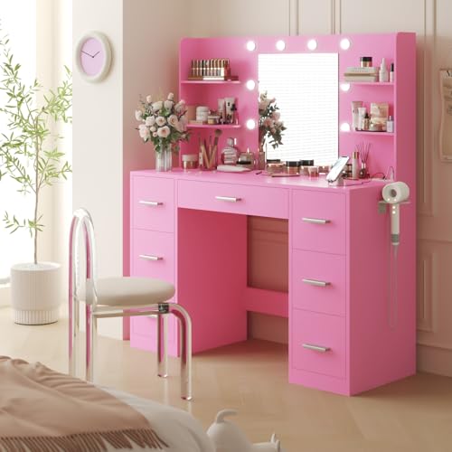 Image of YESHOMY Vanity Desk with Mirror, Power Outlet and 10 Lights, Makeup Table with 7 Drawers, 3 Color Modes Available for Bedroom, Light Pink