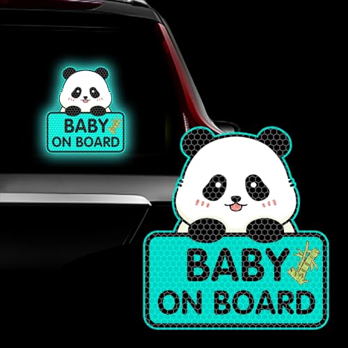 Image of 2PCS Panda Baby On Board Sticker for Cars, Cute Highly Reflective Kids in Car Sticker Sign for Car Window Bumper Truck Auto Warning Decals (Mint Green)