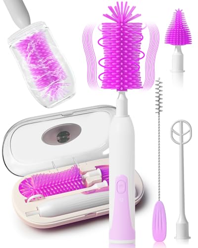 Image of Deekuiwi Electric Baby Bottle Brush Set, Automatic Spinning Bottle Brush, Straw Brush, Milk Frother, Travel Set, for New Moms, Baby Bottle Cleaner (Purple)