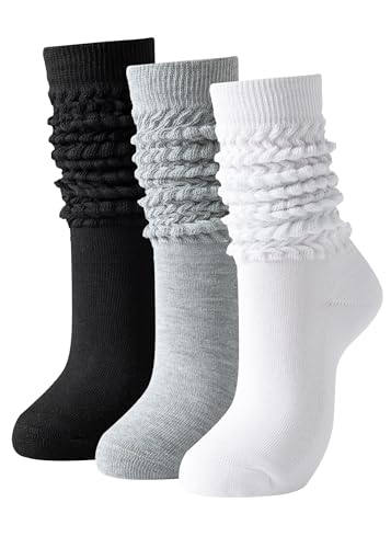 Runyizhenzhi Slouch Socks Women Thigh High Boot Socks Soft Scrunch 3 Pair Pack (Black Grey white)