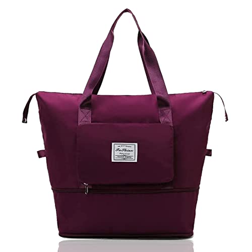 AMAK INC Foldable Duffle Bags for Travel Women Luggage Bags for Travelling Large Capacity Lightweight Waterproof Carry Luggage Fashion Shoulder Bag with Dry & Wet Pocket Tote Handbag Wine