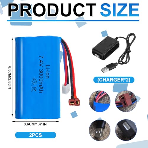 2 Piezas 3000mAh 7.4V Litio RC Batería, Recargables de Iones de Litio de 7,4 V con Deans T Plug, Cargadores, Li-Ion Batería para Vehículos RC, Tanques, Coches y Robots - imagen 2