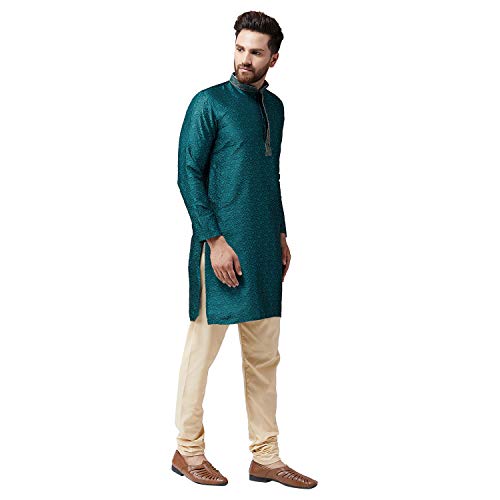 Image of SOJANYA (Since 1958 Mens Maroon Jacquard Silk Kurta and Black Churidaar Pyjama Set