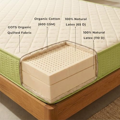 Image of DREAMZEE Rasa 100% Full Natural Latex Mattress | Medium Soft Comfort | GOTS Certified | Dual-Zone Latex | Natural Series - King Size (84x72x6 Inches) | 12 Years Warranty