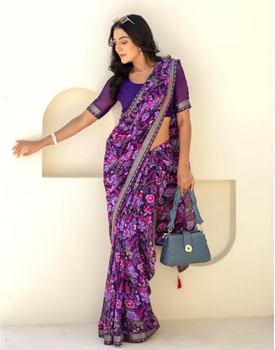 Image of SIRIL Women's Chiffon Printed Saree With Unstitched Blouse Piece
