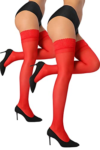Image of HONENNA 2 Pairs Sheer Thigh High Stockings, 17+ Colors Stay Up Lace Top with Anti-Slip Silicone for Women
