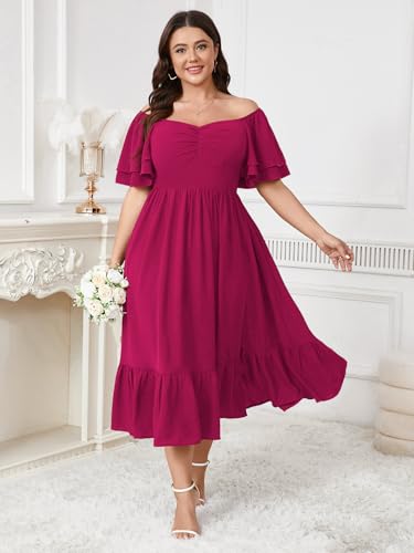 Image of SCOMCHIC Womens Plus Size Wedding Guest Cocktail Dresses Sweetheart Neckline Short Sleeve Smocked Ruffle Slit Maxi Dress