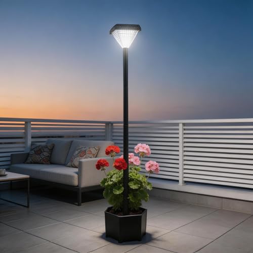 DJGIFI Outdoor Solar Post Lights, 59" Dusk to Dawn Solar Lamp Post, Waterproof Solar Floor Lamps, Warm White Pole Lights with Planter for Patio, Backyard, Lawn, Garden