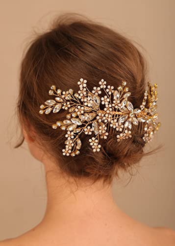 Peine para boda Denifery Gold con cristales y flores miniatura 3
