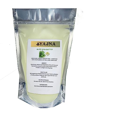 Yajna Organic Raw Aloe Vera Butter 100% Pure Natural & Unrefined| Skin Moisturizer For Face Body & Hair| 4 OZ/115 GM Ivory/White Grade A | DIY Creams Balms Lotions Soaps| Softens Dry & Tough Skin
