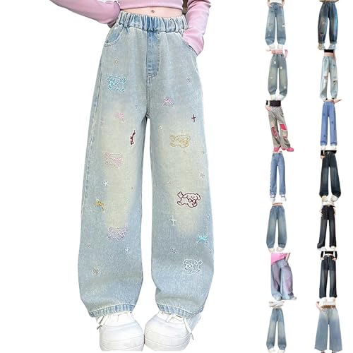 Bows Ripped Jeans for Girls Baggy Wide Leg Denim Pants Kids Cute Elastic Waist Y2k Streetwear Trousers with Pockets