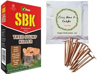 SBK Tree Stump Killer Tough Weed Weedkiller 250ml Concentrate Glyphosate-free | CHG 20 Pieces Copper Clout Roofing Nails 50mm | Tips Sheet | Bundle for Killing Tree Root Weeds Stump Removal