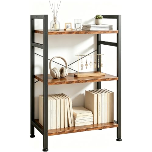 Image of HealSmart 3 Tier Bookshelf, Free Standing Book Shelf Home Office Bookcase Shelf Storage Organizer for Bedroom, Bathroom, Living Room, Office, Balcony, Rust Brown