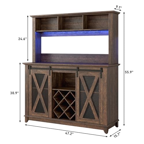 Image of 47 inchWide 56 inchH Farmhouse Coffee Bar Cabinet with Power Outlet and LED Light,Wine Bar Cabinet w /3 Storage Hutch,Kitchen Buffet Cabinet with 10 Wine and Glass Racks for Kitchen Dining Room(Brown)