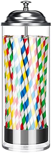Plastic Straw Dispenser 100 Pcs Drinking Straw Organizer Container with Stainless Steel Lid Transparent Drinking Straw Holder Disposable Drinking Striped Paper Straws