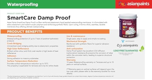 Image of Asian Paints SmartCare Damp Proof White - Waterproofing Membrane, 10-Year Warranty, Heat Reflective, Crack Bridging - 20 Liter (White)